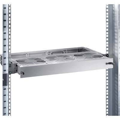 A silver metal shelf with fans installed in a server rack. The shelf is slide-out and provides space for cable management.