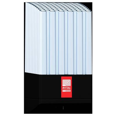 Industrial cooling unit with a black base and red Rittal logo beneath a white finned heat exchanger.