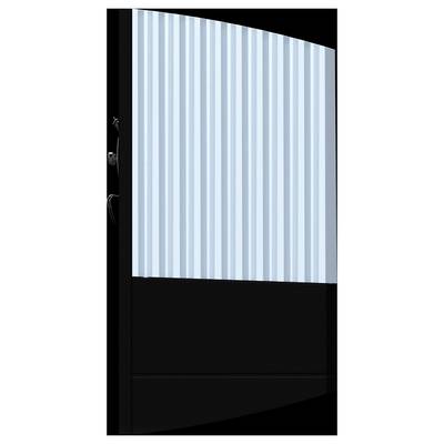A tall black cabinet or panel with a large light blue and white vertical striped section on top and a plain black lower section.
