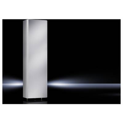 A tall, gleaming silver radiator stands on a glossy black background with a light reflection from the right.