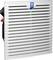 A square ventilation fan with a white louvred grille and a logo at the top, used for ventilation in electrical cabinets.