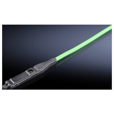 Close-up of a luminous green optical fibre against a dark background, representing technology and precision in light transmission.