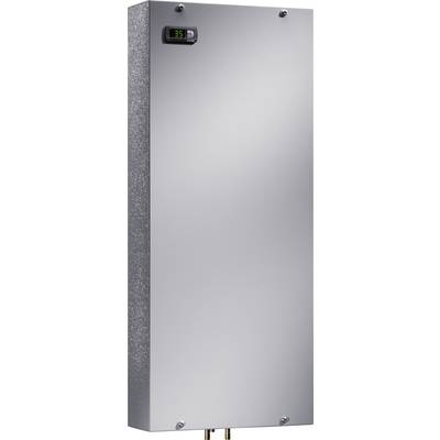 Grey electric water heater with a digital display showing '35'. Two pipes are visible at the bottom end.