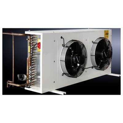Industrial air cooler with two large fans, mounted on a metal casing. Used for cooling machinery or spaces.