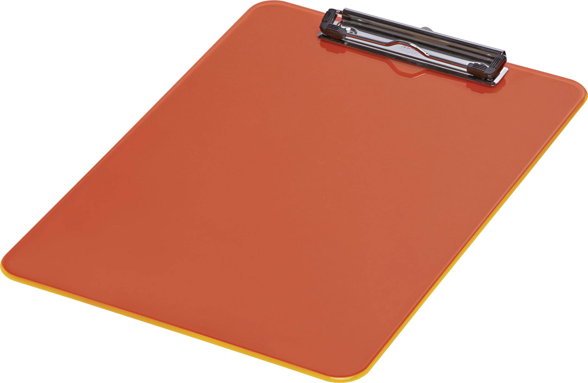 A red clipboard with a black clip, with no other items on it.