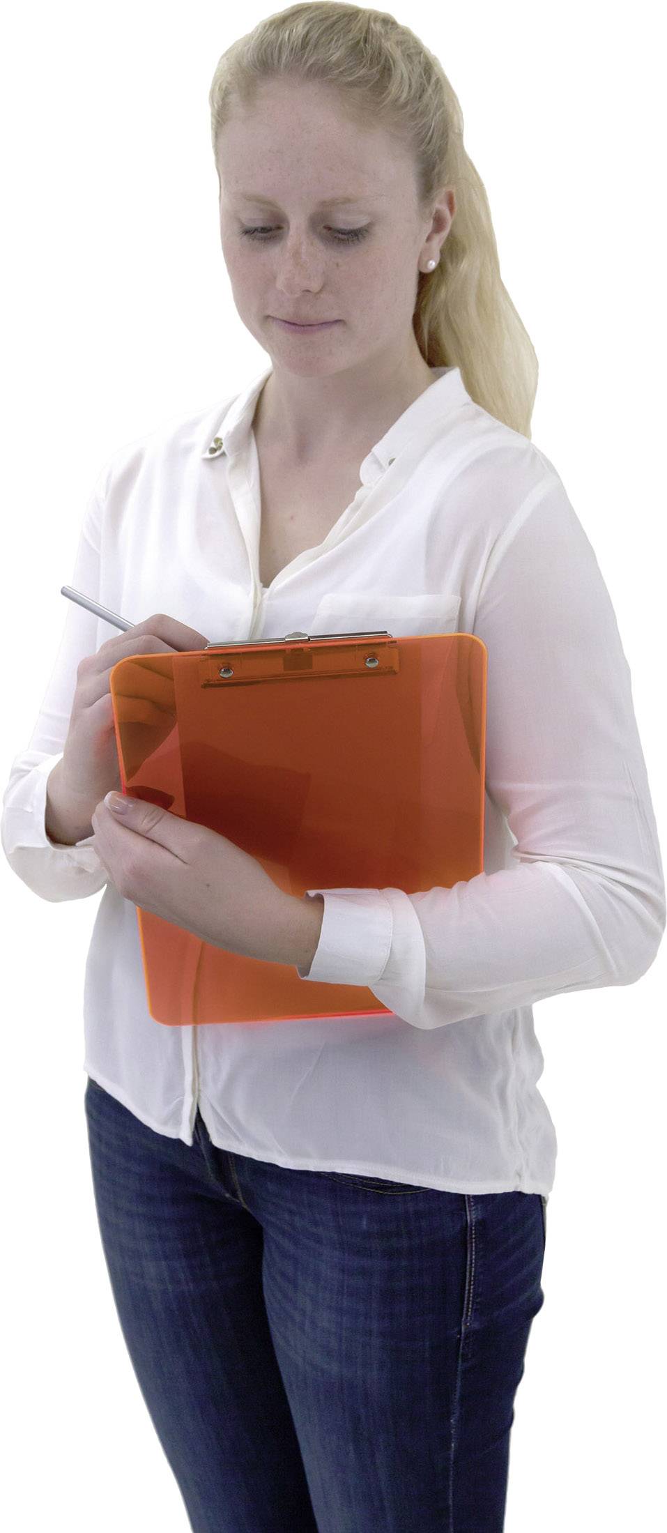 A woman is standing with an orange clipboard and writing something on a sheet of paper.