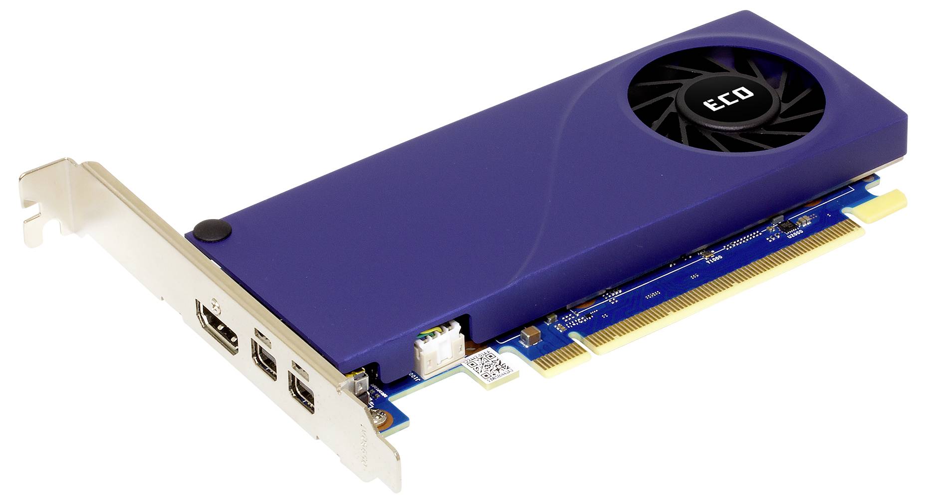 A blue graphics card with a fan and three ports on the metal bracket side is lying on a white background.