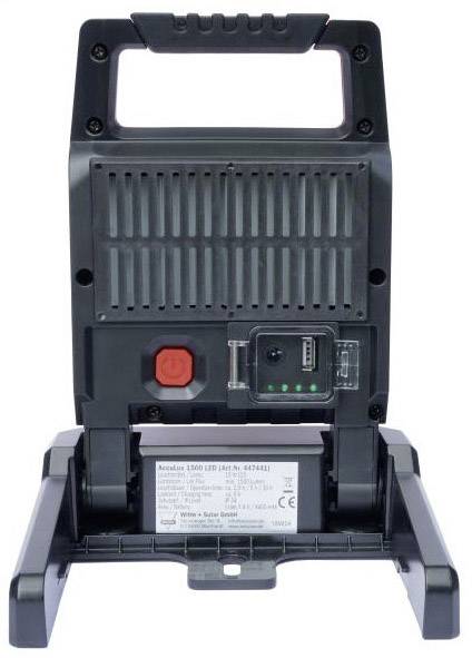 Portable LED floodlight with black casing, red switch, USB port and adjustable stand. Technical details are located on the reverse side.