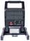 Portable LED floodlight with black casing, red switch, USB port and adjustable stand. Technical details are located on the reverse side.