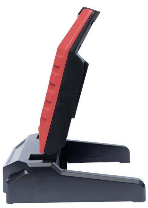 A black holder with a vertical red slit. Used to securely position or display objects vertically.