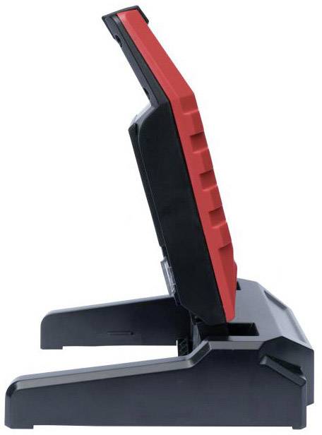 A red and black device in a stand, presumably an electronic measuring or testing instrument, is shown from a side view.