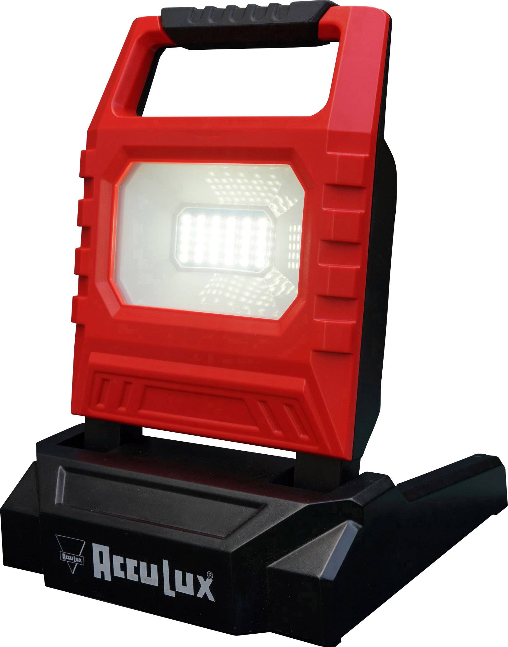 Portable, red LED work light by AccuLux with robust design and integrated handle. Ideal for construction sites or tool applications.