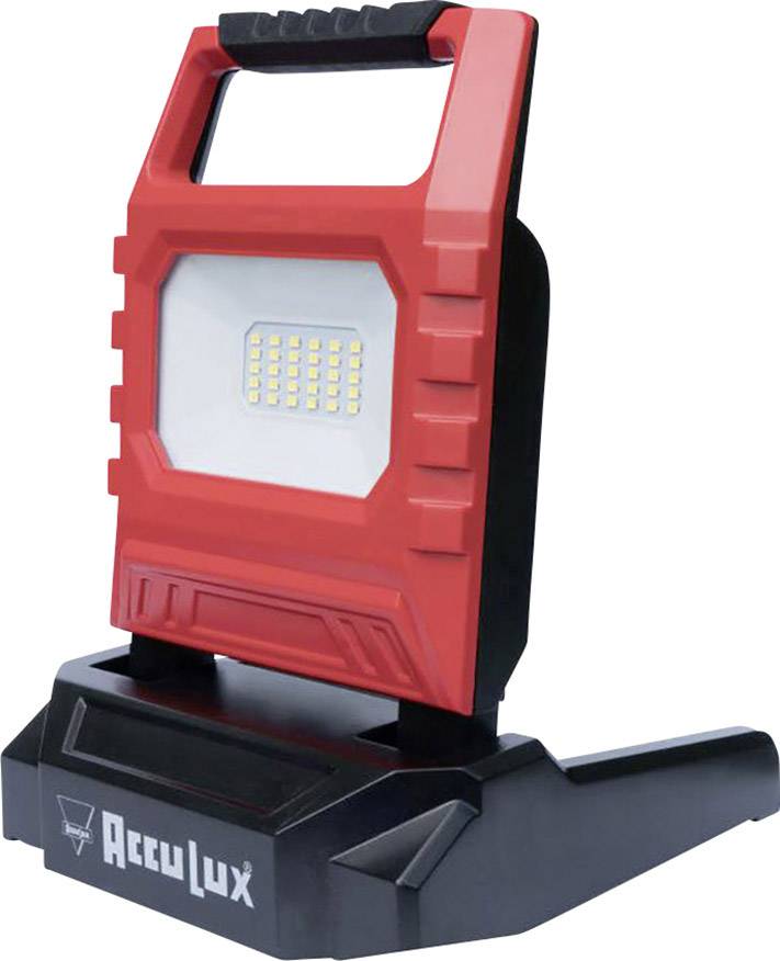 Portable, red LED work light with stable stand, brand name 'AccuLux' displayed on the base.
