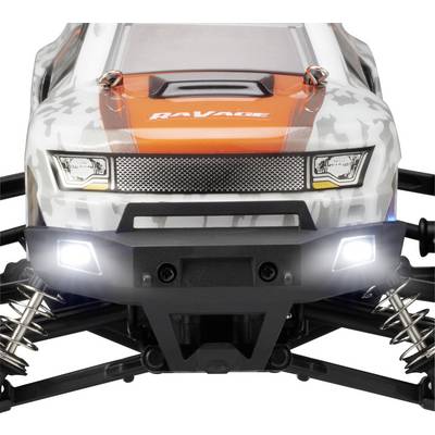 Toy car with camouflage design and orange bonnet, front view. Two illuminated headlights and visible shock absorbers.