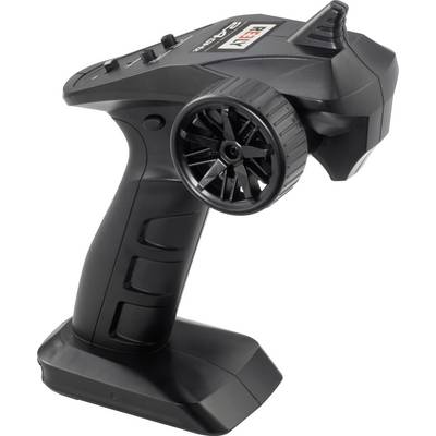 A black remote control with a steering wheel on the right side and several buttons on top, suitable for controlling RC vehicles.