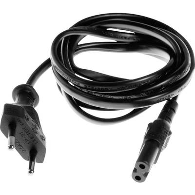 Black network cable with two-pole plug on the left and socket on the right, coiled up.