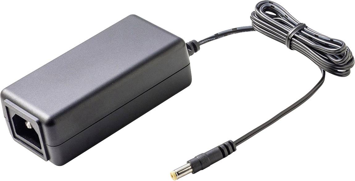 A black power supply with a cable and a connection plug.