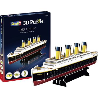 Packaging of a 3D puzzle of the RMS Titanic, showing the completed model with four funnels and a blue-yellow packaging in the background.