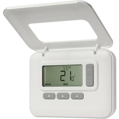 Digital thermostat with open lid. Displays 21 degrees Celsius at 9:30. Contains menu and control buttons.