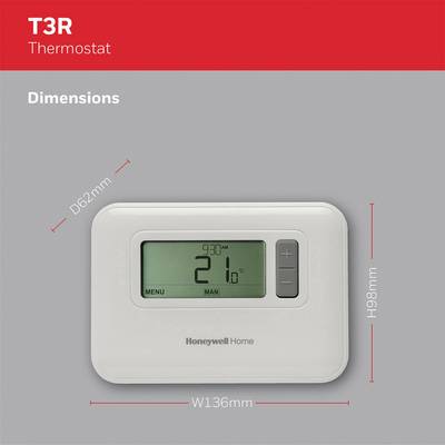 A white wall-mounted thermostat with a digital screen displays 21°C. Dimensions in millimetres: Depth 62, Width 136, Height 98. Brand: Honeywell.
