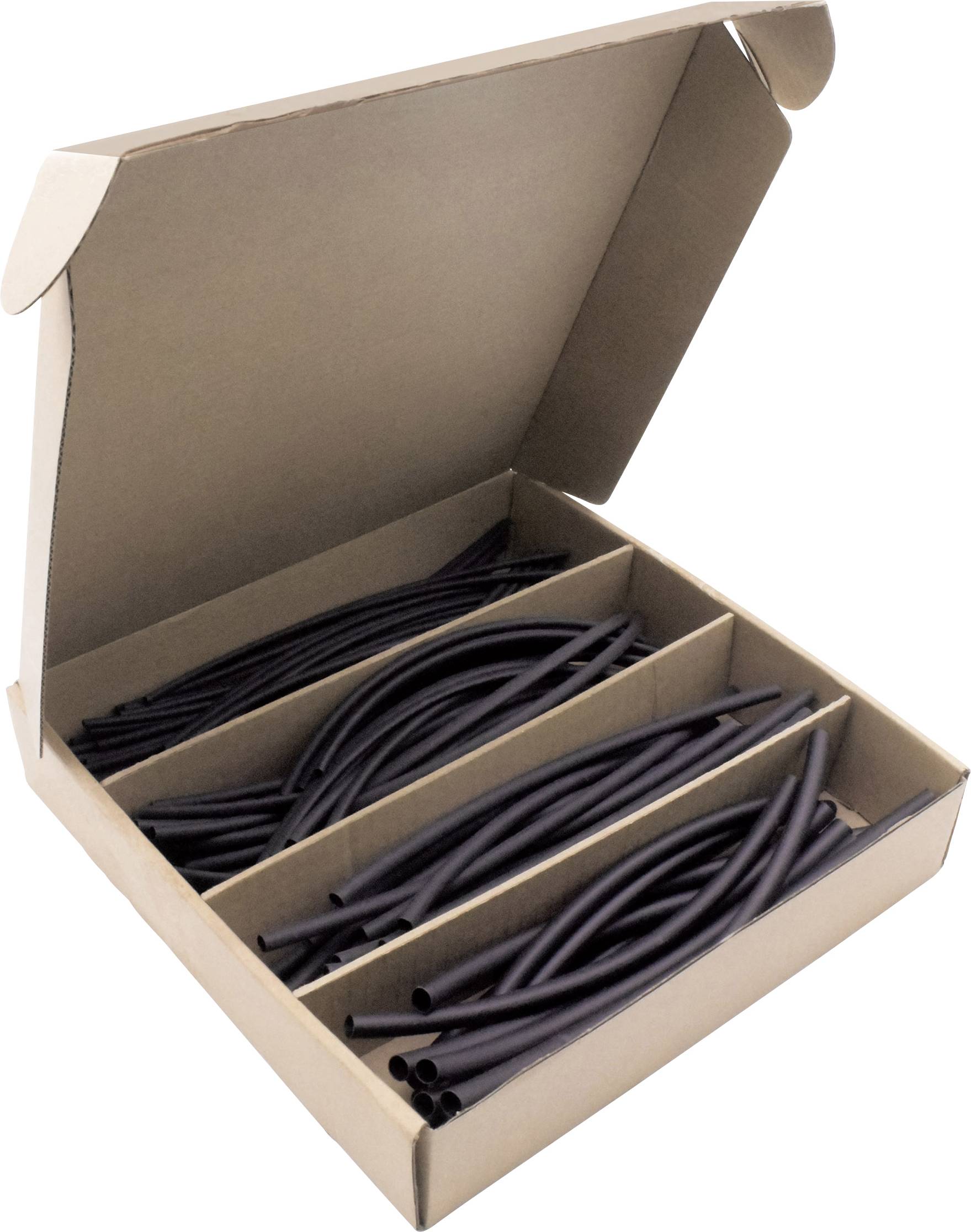 Cardboard box with open compartments, filled with various sizes of black heat-shrink tubing for cable insulation.