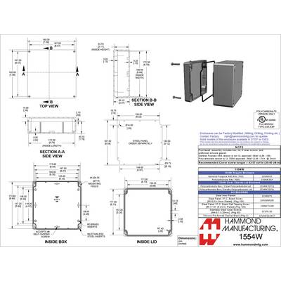 Technical drawing of a housing with various views and dimensions. Contains detailed measurements and company details.