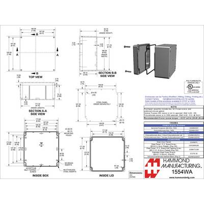 Technical drawing of an enclosure, containing top and side views, along with dimensions and assembly details.