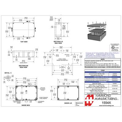 Technical drawing of an enclosure with various views and dimensions. Including lid, side view, and 3D representation.