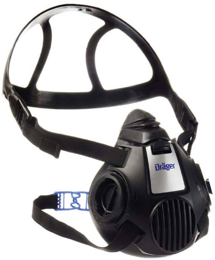 Black respiratory protective mask with adjustable head strap, 'Dräger' logo on the front, suitable for protection against airborne particles and gases.