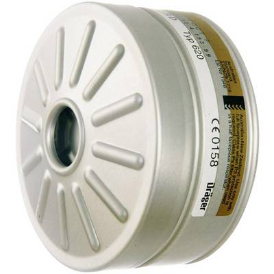 Grey circular filter with ventilation slots and CE marking. Label with manufacturer information and type number on the side.