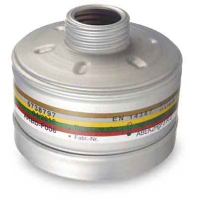 Round, silver filter container with coloured stripes and product numbers printed on it. It is used for respiratory protective masks.