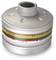 Round, silver filter container with coloured stripes and product numbers printed on it. It is used for respiratory protective masks.