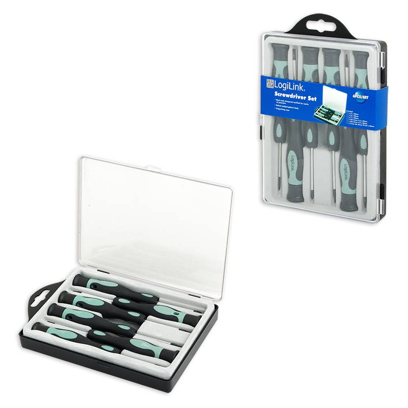 A set of screwdrivers with black handles and turquoise details, displayed in an open and a closed packaging.