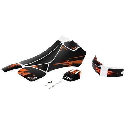 Motorcycle Decal Kit in Black and Orange with Graphic Patterns. Includes Stickers for Various Parts and Bolts.