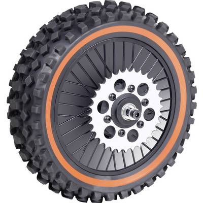 A robust, black off-road wheel with an orange stripe on the tyre and a chrome-plated hub, suitable for rough terrain.