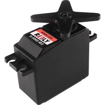 A black analogue servo, Model REELY S-0060 MG, with a cross horn attachment, used in model building applications.