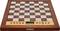 A chessboard with a wooden frame and a digital display at the bottom, surrounded by control buttons for the electronic chess game.