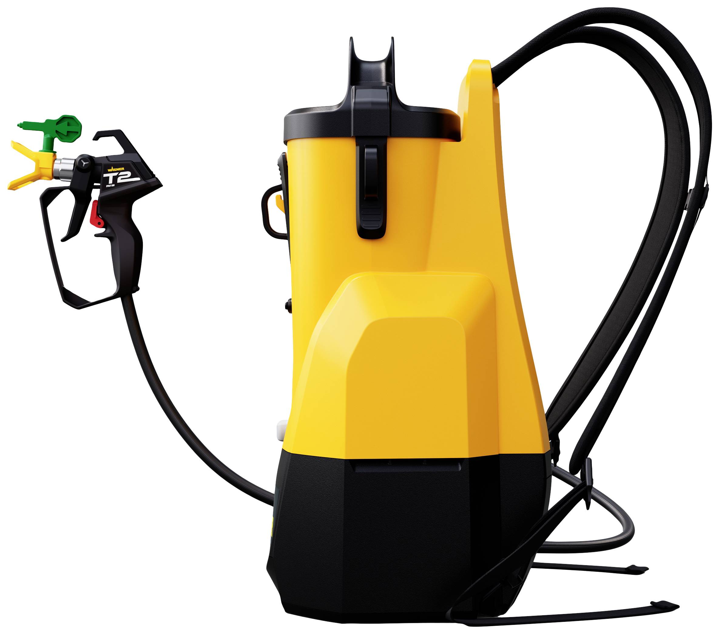 Yellow backpack sprayer with ergonomic design, black hose and spray nozzle on the right, suitable for agricultural applications.