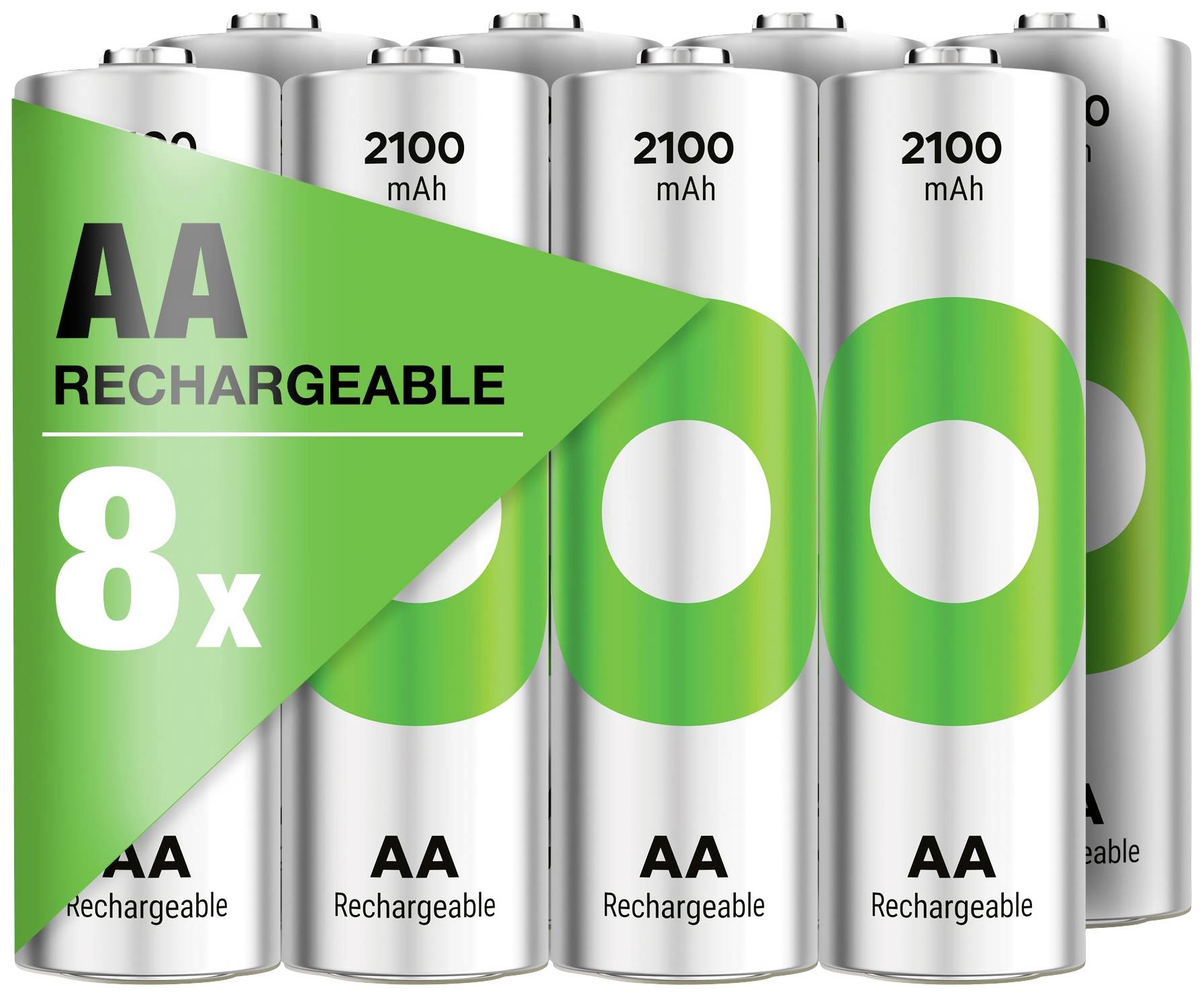 Eight rechargeable AA batteries, 2100 mAh, green and white design, suitable for multiple uses.