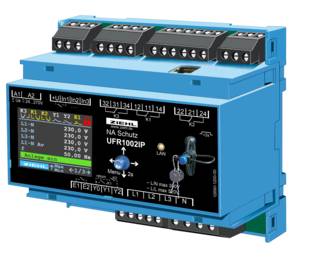 A blue electrical protective device with multiple connections and a small display showing current measurement readings.