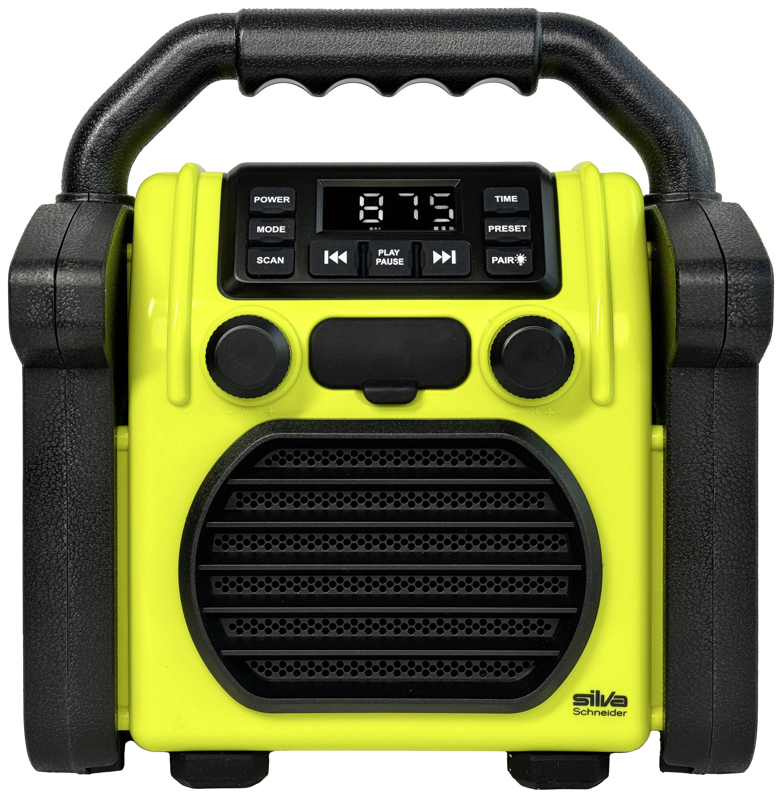 Portable yellow speaker with a black handle. Display shows '87.5'. Volume, mode, and station selection buttons located at the front.