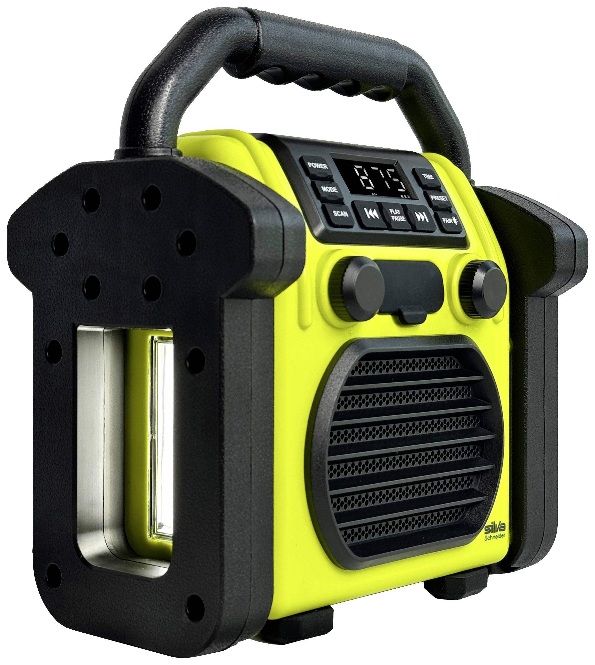 A portable yellow construction site radio with a robust casing, speakers at the front and a digital display on top, suitable for outdoor use.