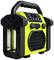 A portable yellow construction site radio with a robust casing, speakers at the front and a digital display on top, suitable for outdoor use.