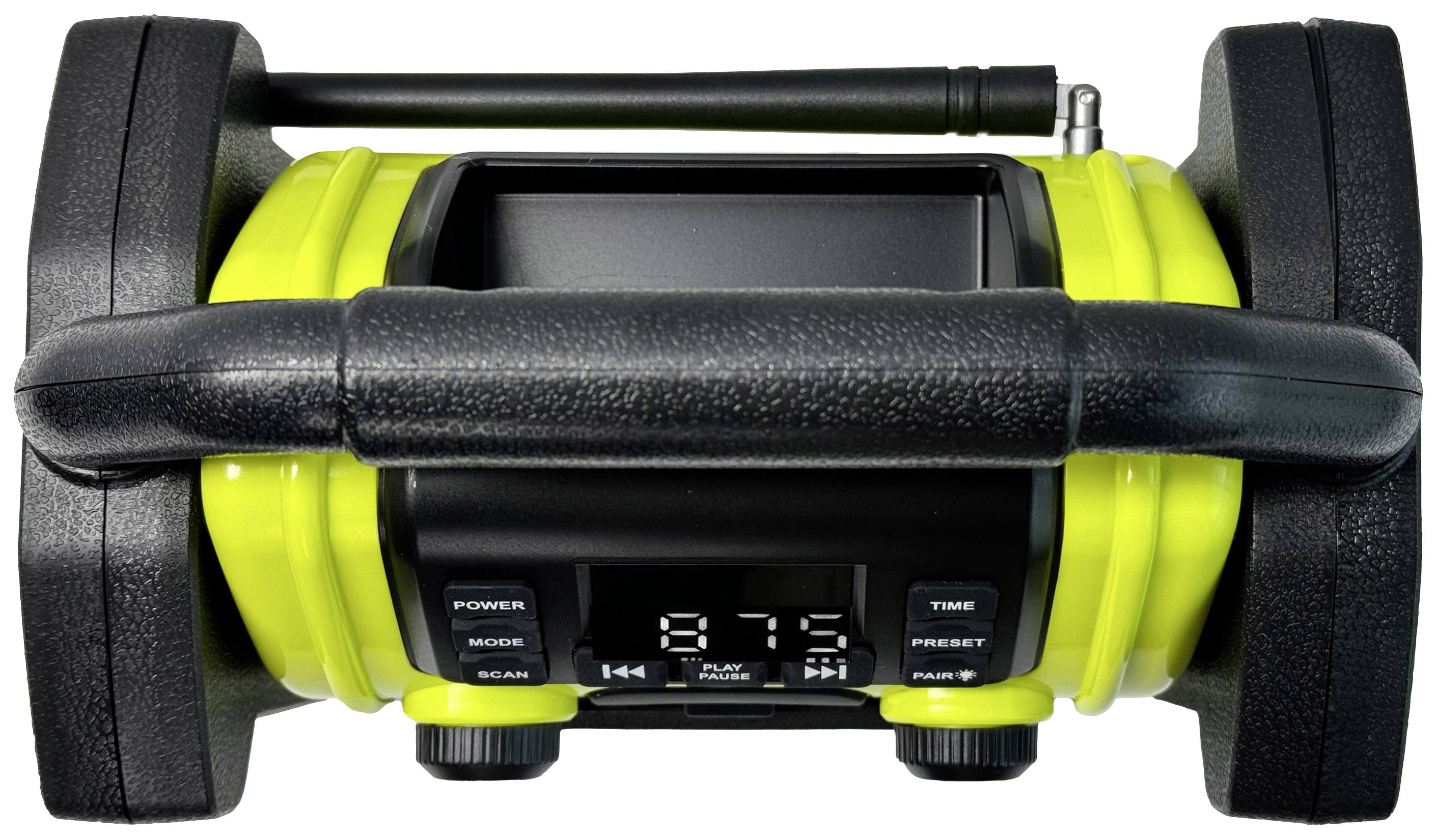 Portable yellow and black construction site radio with digital display and antenna, suitable for building sites and outdoor activities.