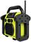 Yellow portable radio with a sturdy handle and antenna, suitable for outdoor use. Features controls and speakers on the front panel.