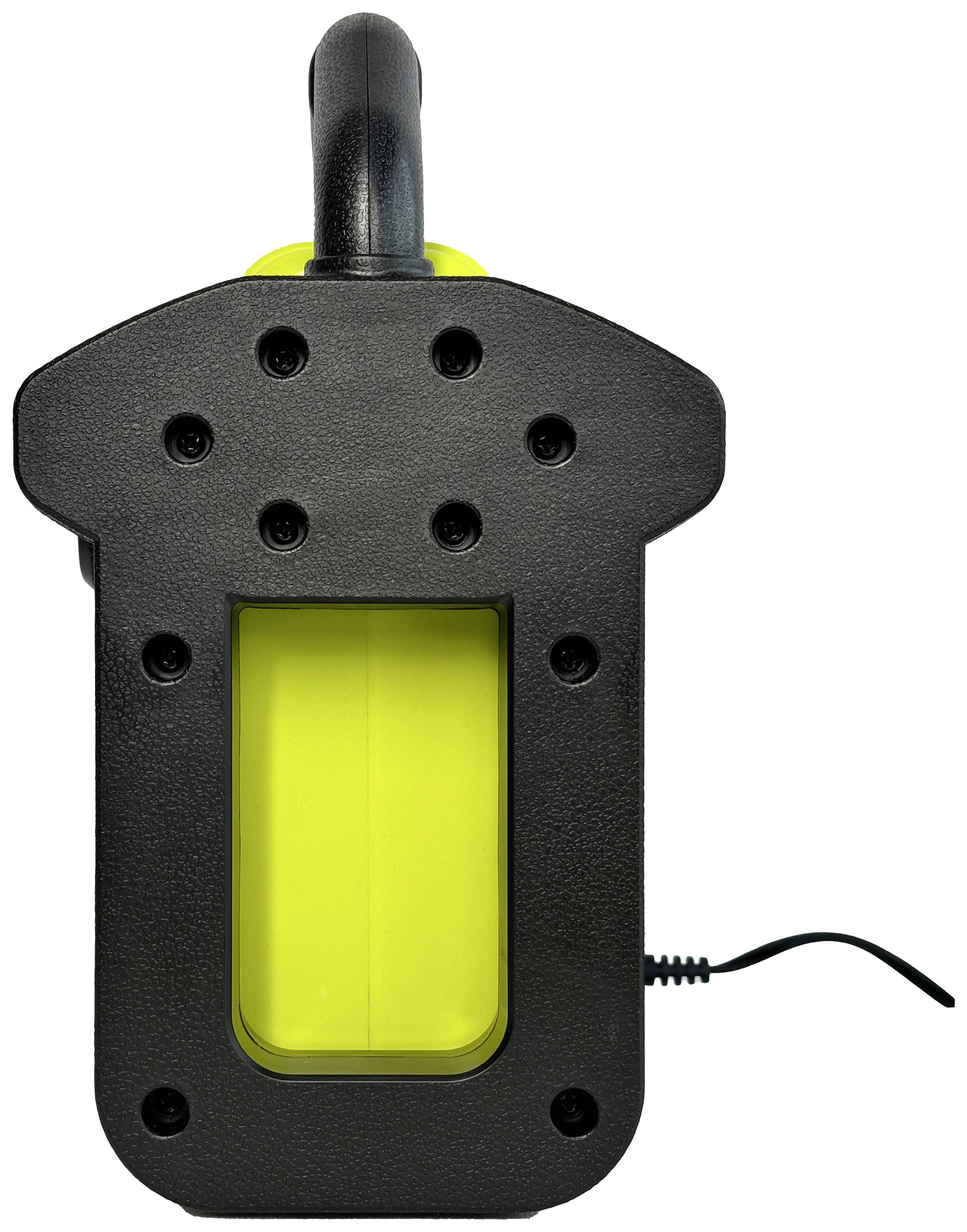 View of a black charger with a yellow battery, handle at the top, cable with plug at the bottom, on a white background.