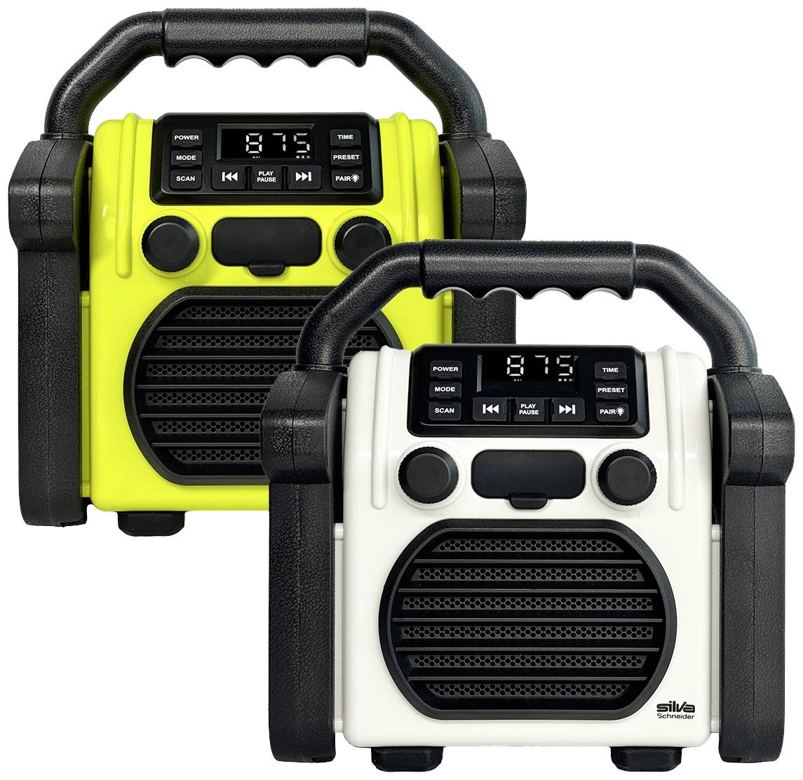 Two portable speakers with handles, one in yellow and the other in white, equipped with displays and control buttons on top.