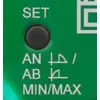 Close-up of a green electronic control panel with a black button labelled 'SET', and the options 'ON/OFF' and 'MIN/MAX'.