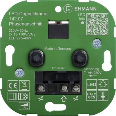 'Square green LED double dimmer circuit board by Ehmann with "Made in Germany" labelling and technical specifications for voltage and power.'