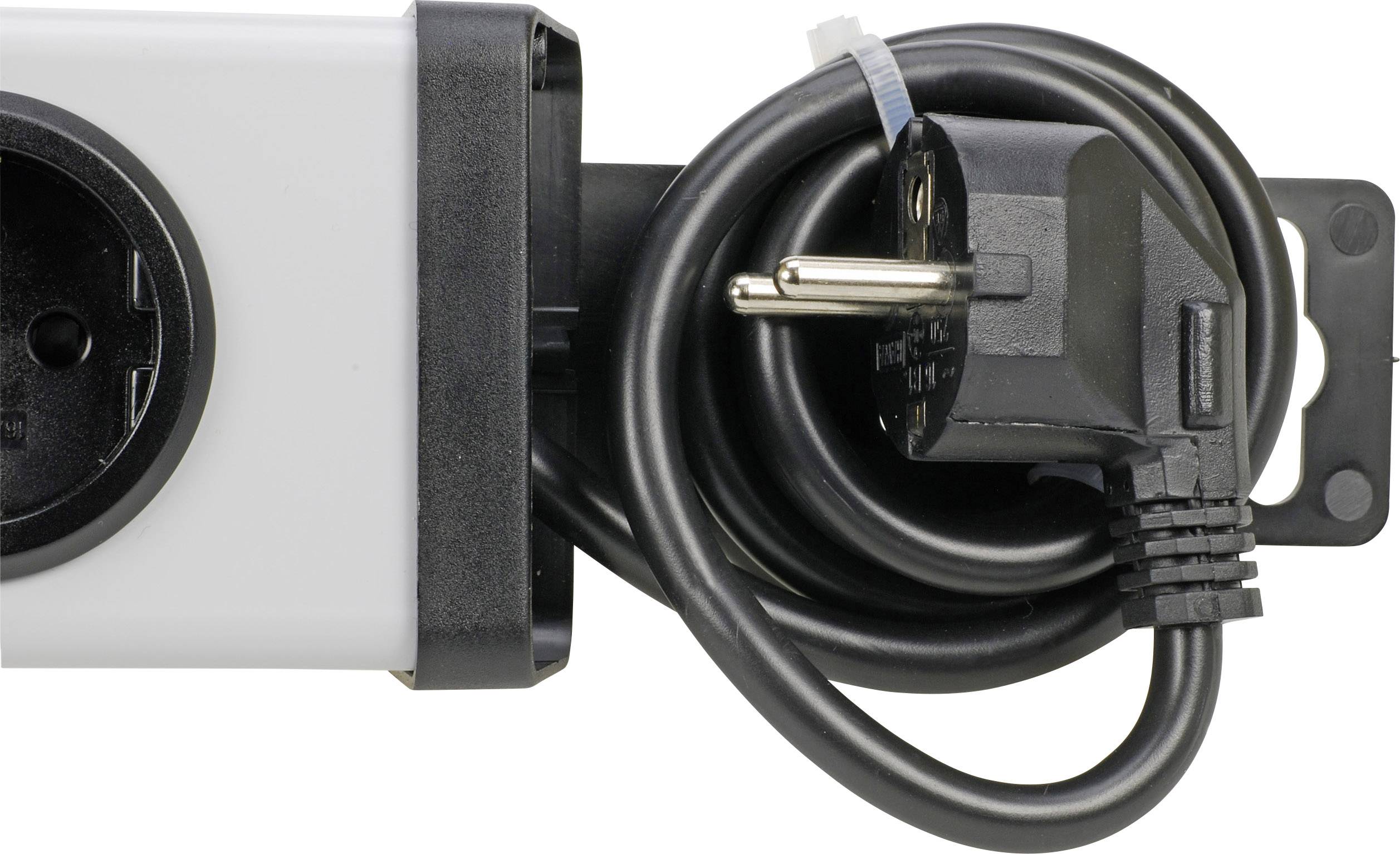 A white power strip with a black Schuko plug and a coiled black cable, ready to be connected.